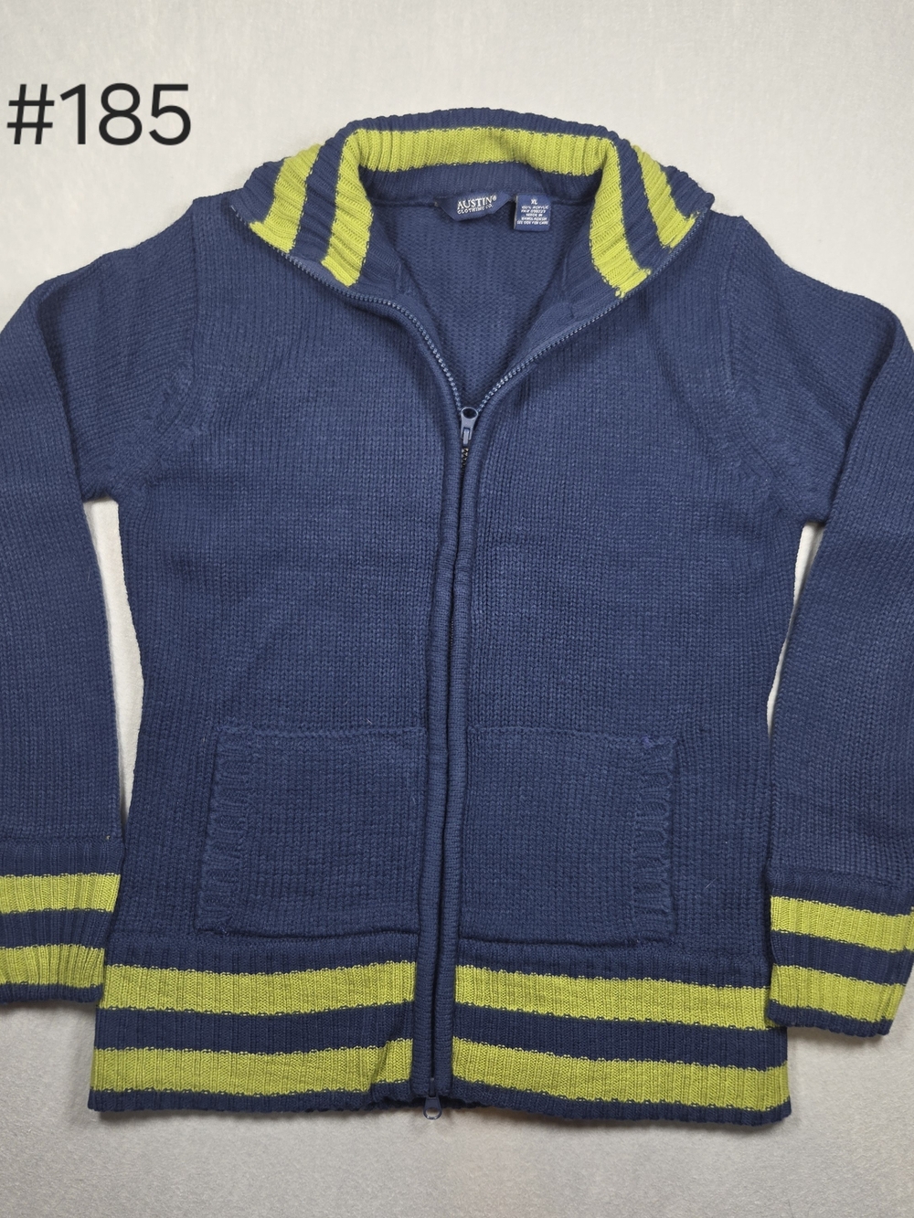 Austin Clothing Co. Kids XL Full-Zip Knit Sweater Hoodie - Navy Blue Lime Green